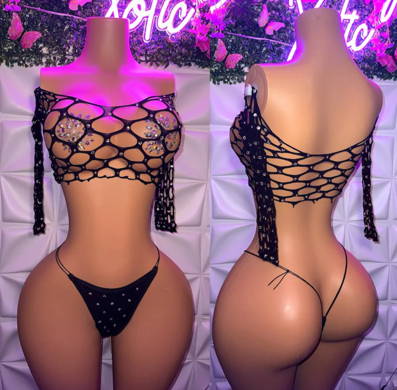 Stella 2 Piece Pothole Top and Thong Set Fits XS-XL