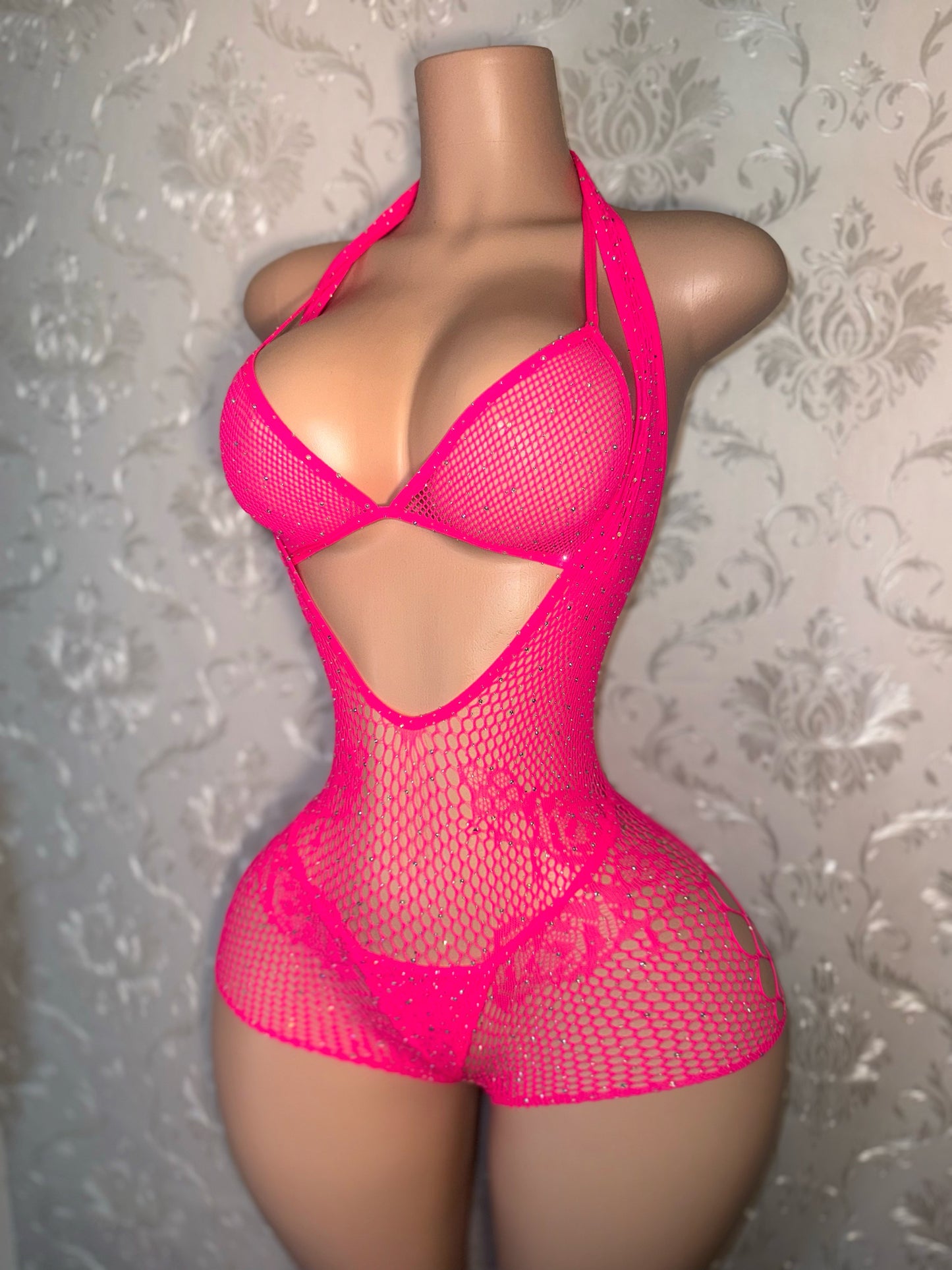 Mean Girl Rhinestone 3 Piece Fishnet Romper Bikini Set