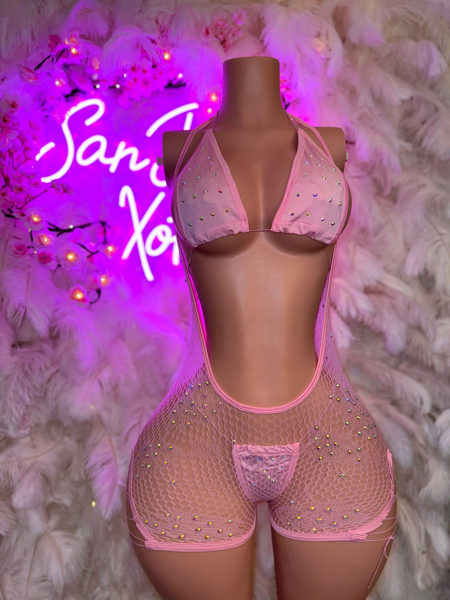 Plain Jane — Fishnet Hammock Shorts & Bikini 3 Piece Set Extra Rhinestones Fits XS-L