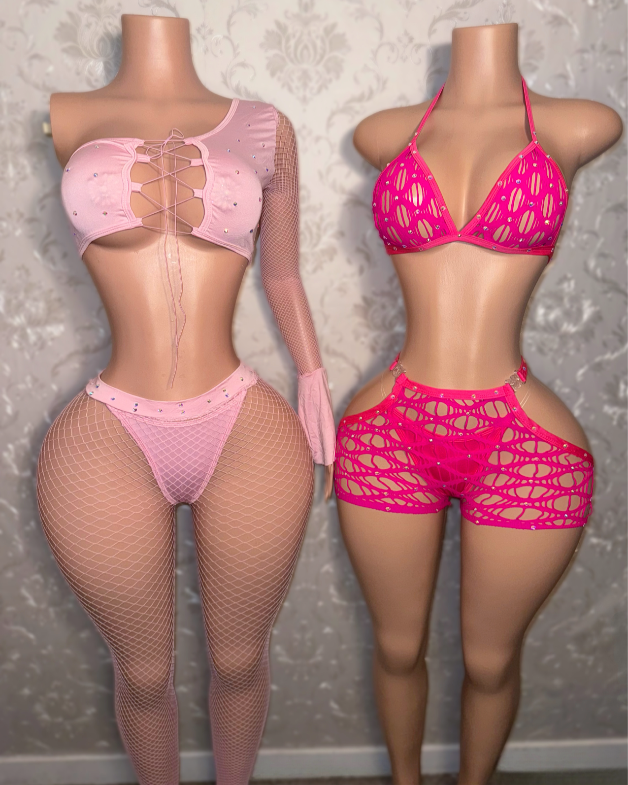 Desiree — Rhinestone Fishnet Cut Out Hips Clasp Shorts Set