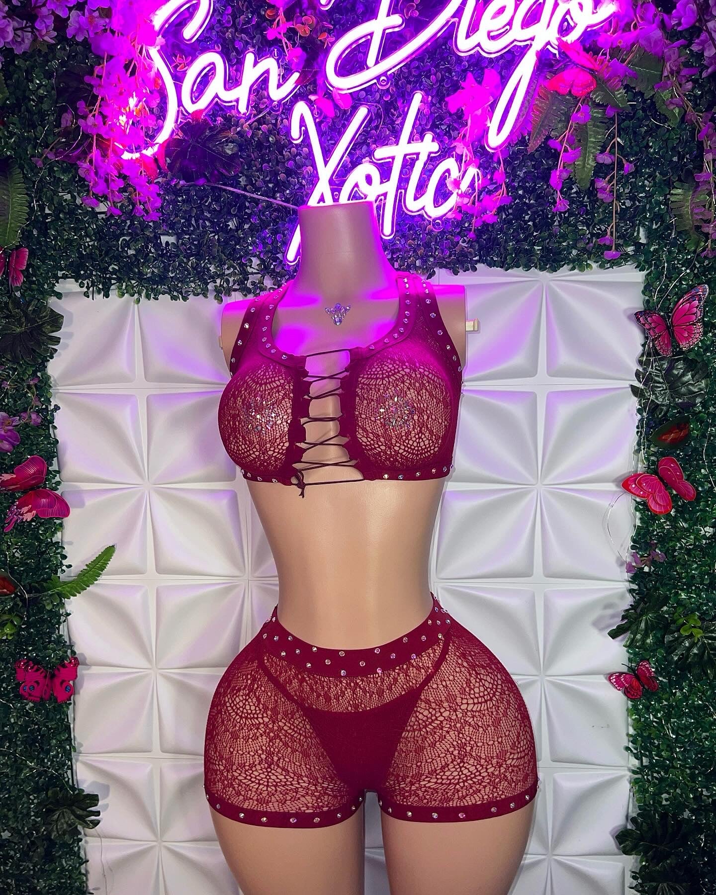 Showstopper 3 Piece Fishnet Shorts Matching Set with Thong Fits XS-L