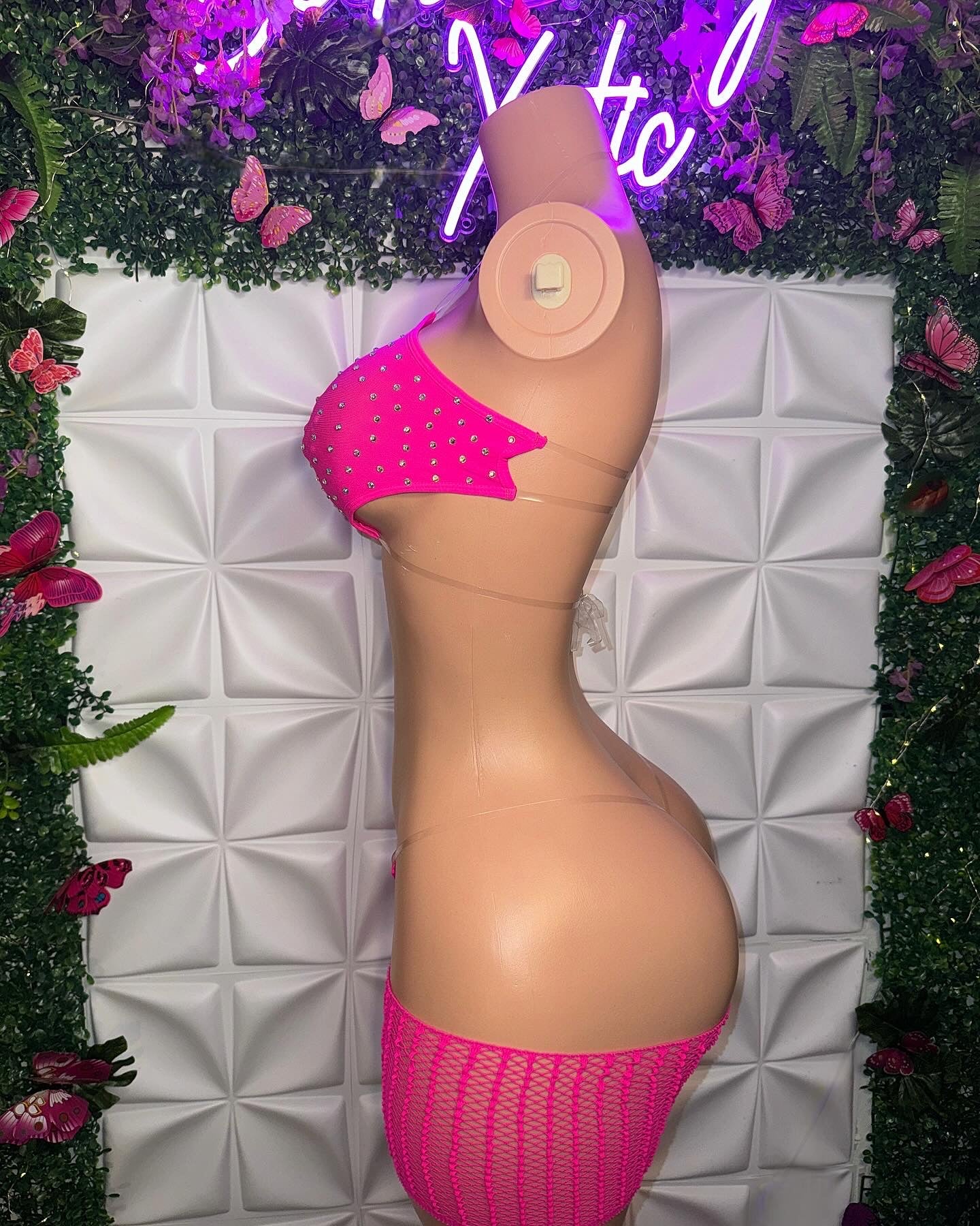 Riyah 3 Piece Set Rhinestone Mesh Kini with Cut-Off Fishnets Fits S-XL