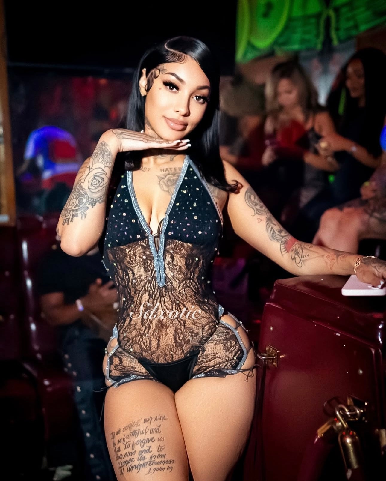 Dime Piece — Lace Rhinestone Romper Low Cut Back with Thong Fits XS-L