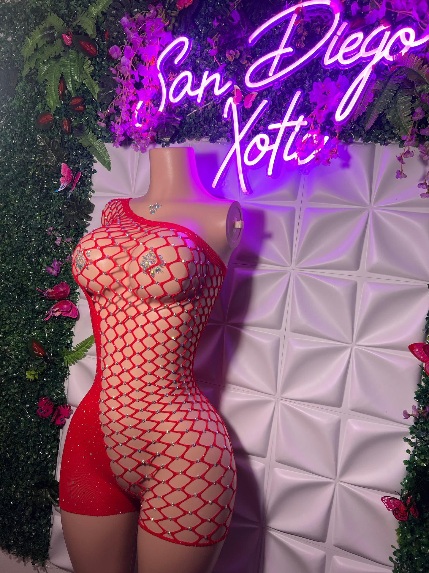 Holiday Bedazzled Romper Asymmetrical Fishnet Fits XS-L