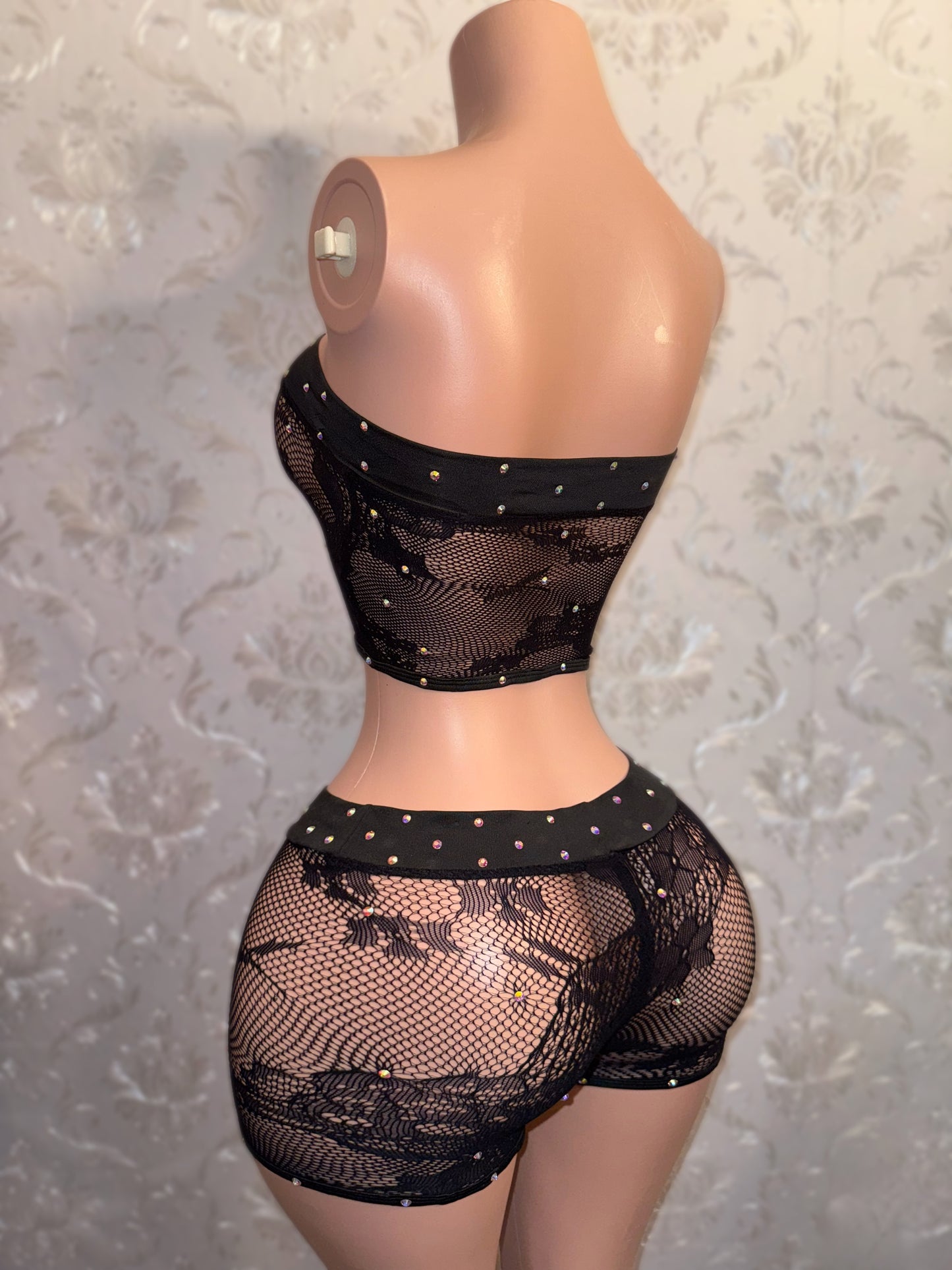 Gigi — Fishnet Lace Shorts Set With Rhinestones. Top Fits S-M, Shorts Fit M