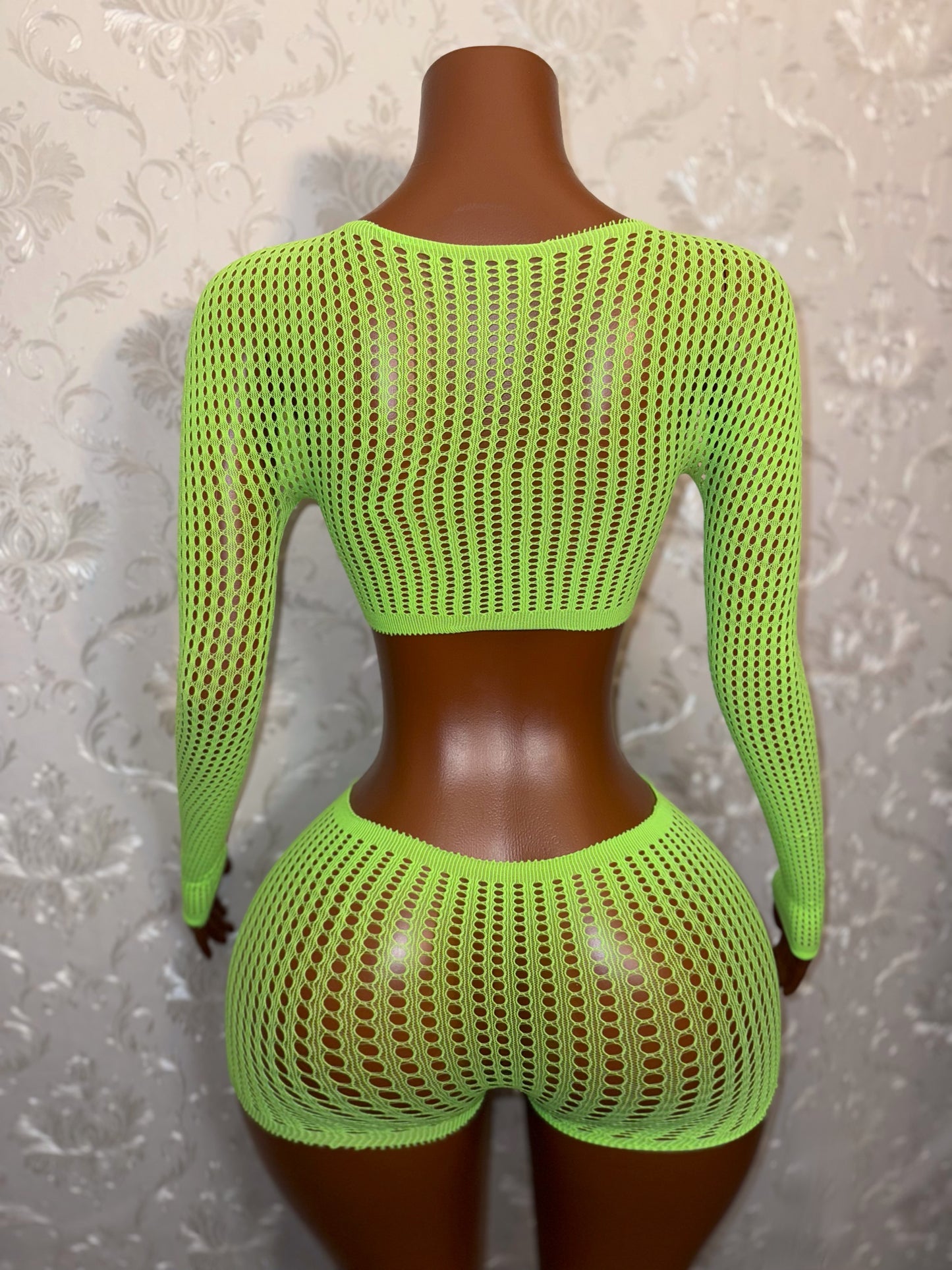 Caleesi Fishnet Long Sleeve Crop Top and Shorts Set Fits XS-L