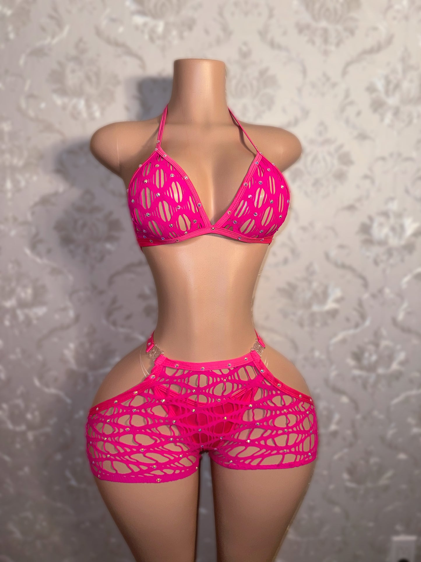 Desiree Rhinestone Fishnet Cut Out Hips Clasp Shorts Set