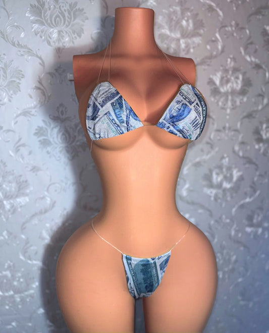 Holographic and Metallic Money Print Bikini On Clear Cord