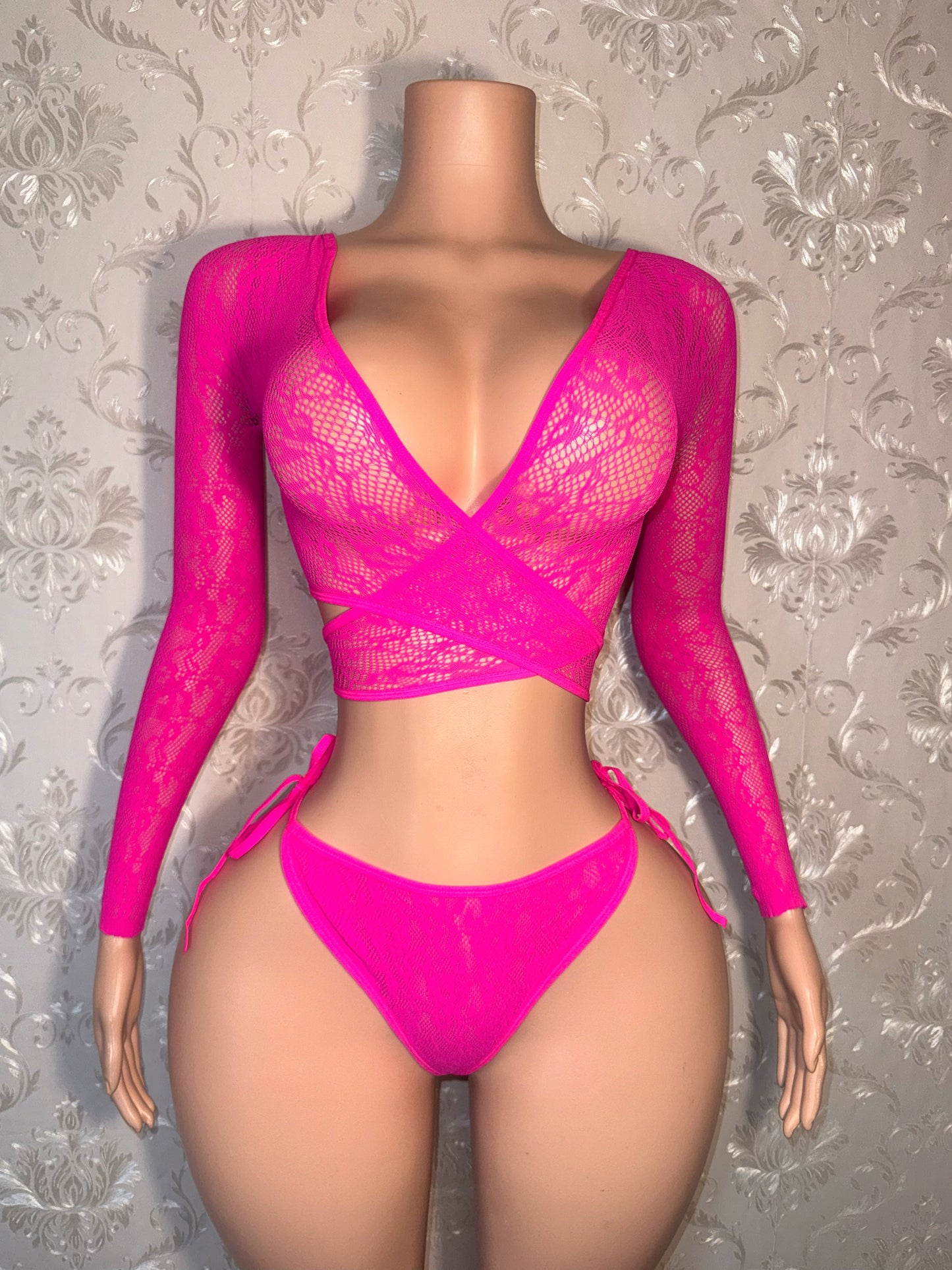 Venus Fishnet Criss Crossed Long Sleeve Top and Thong Fits XS-L