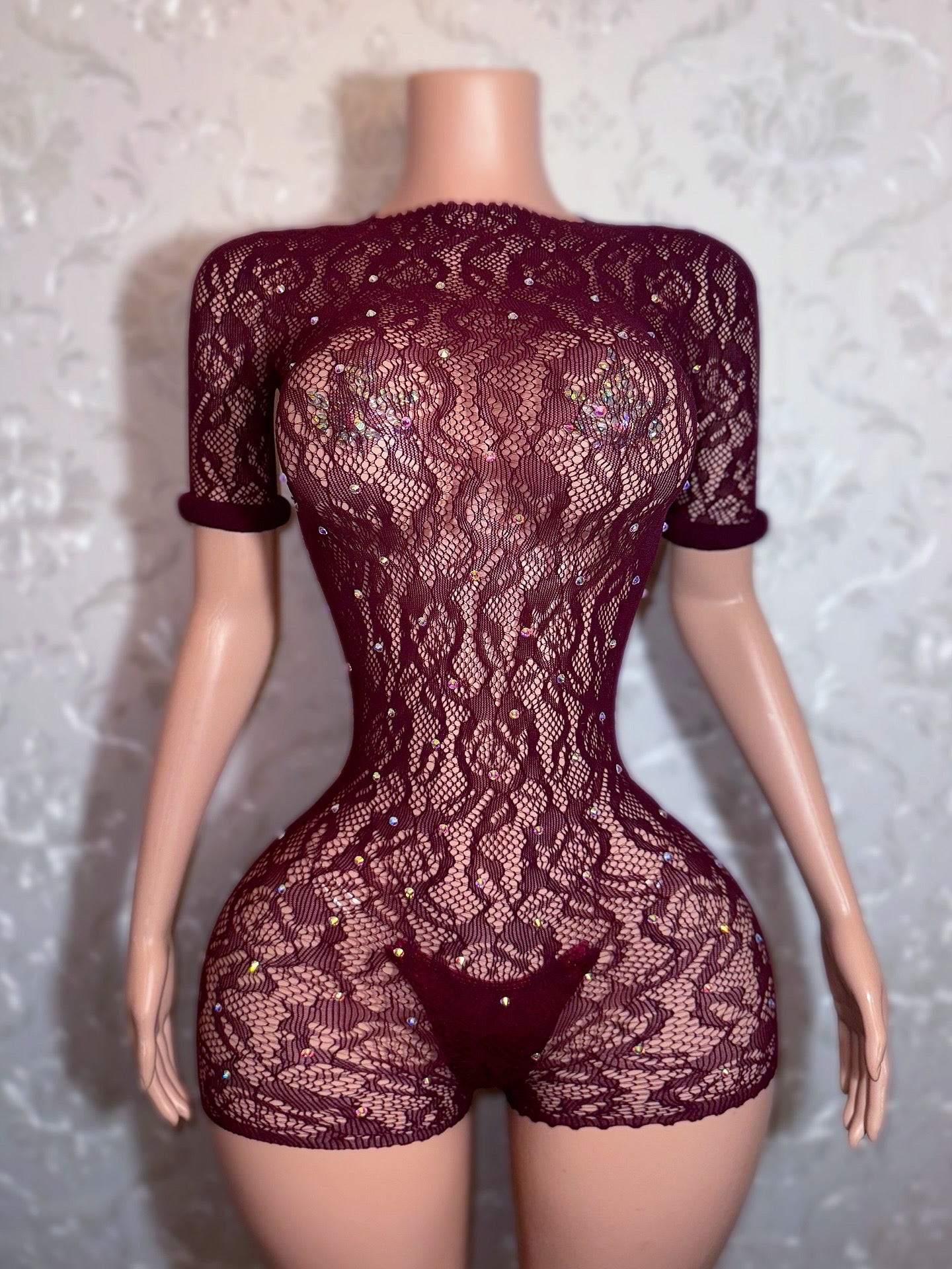 Suriyah — Rolled Sleeve Rhinestone Backless Fishnet Romper Fits XS-M