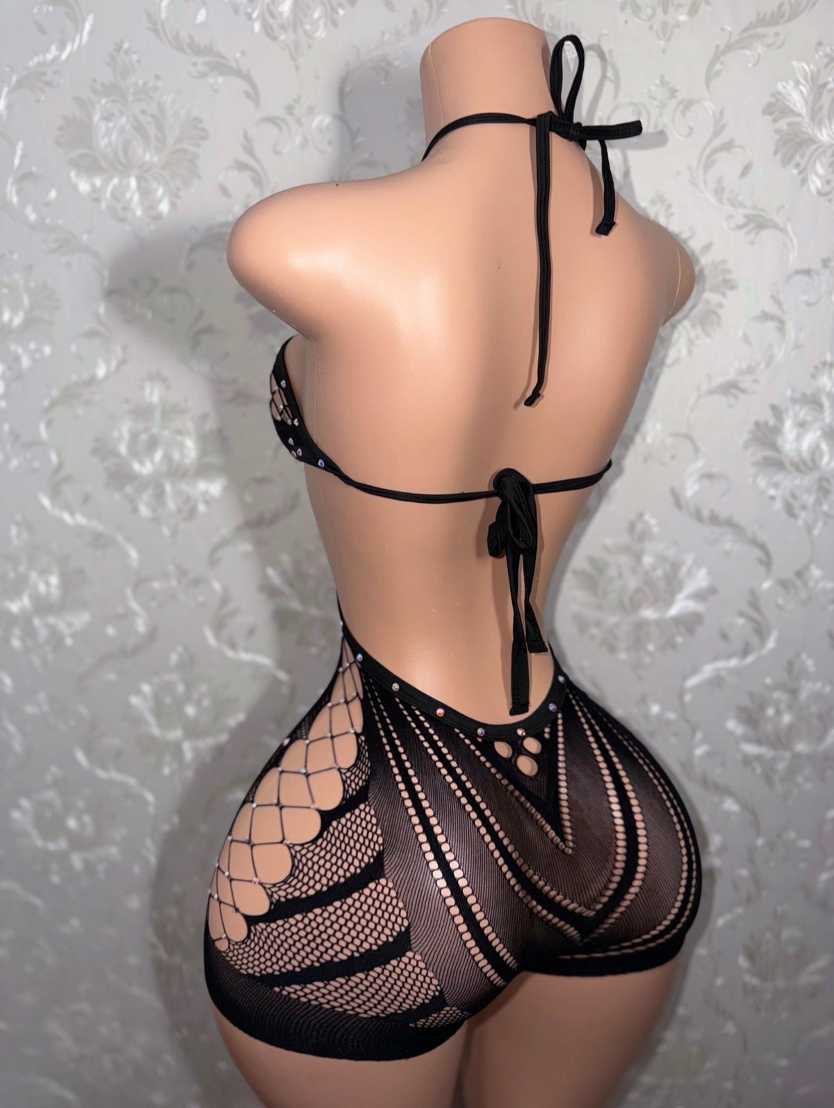 Black Dahlia PLT Halter Fishnet Romper Extra Rhinestones Fits XS-M