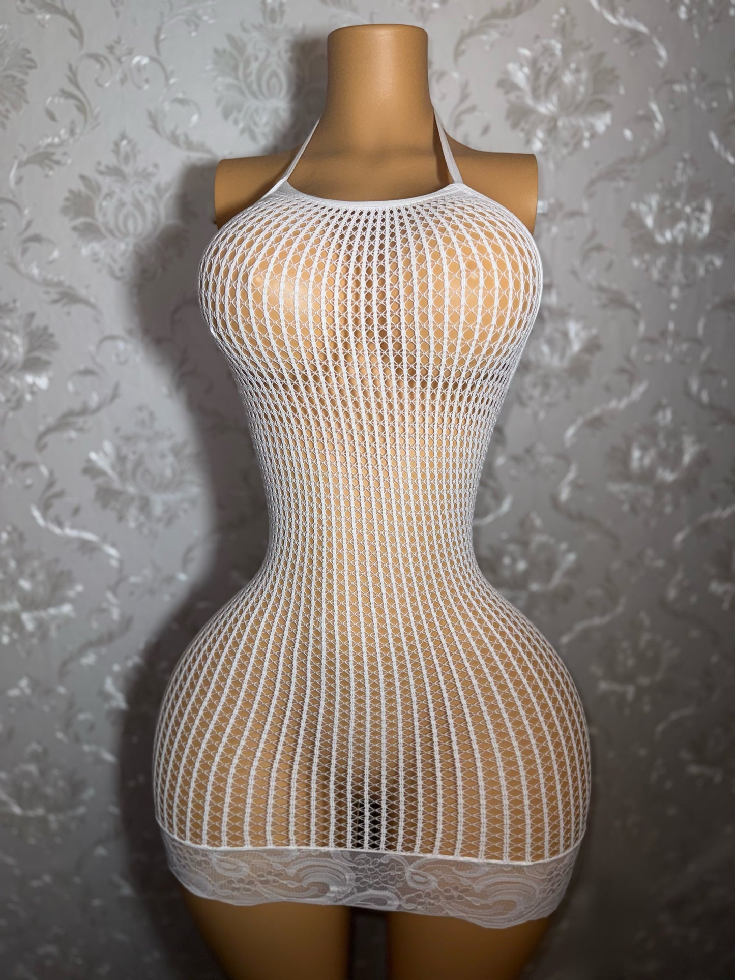 Serena — Halter Lace Fishnet Hem Dress Fits XS-XL
