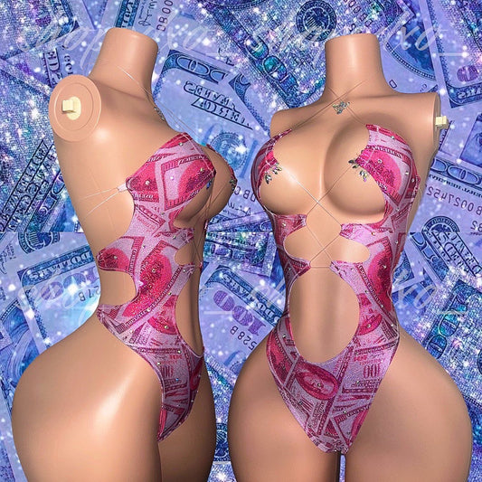 CREAM Collection Metallic Money Print One Piece in Hot Pink