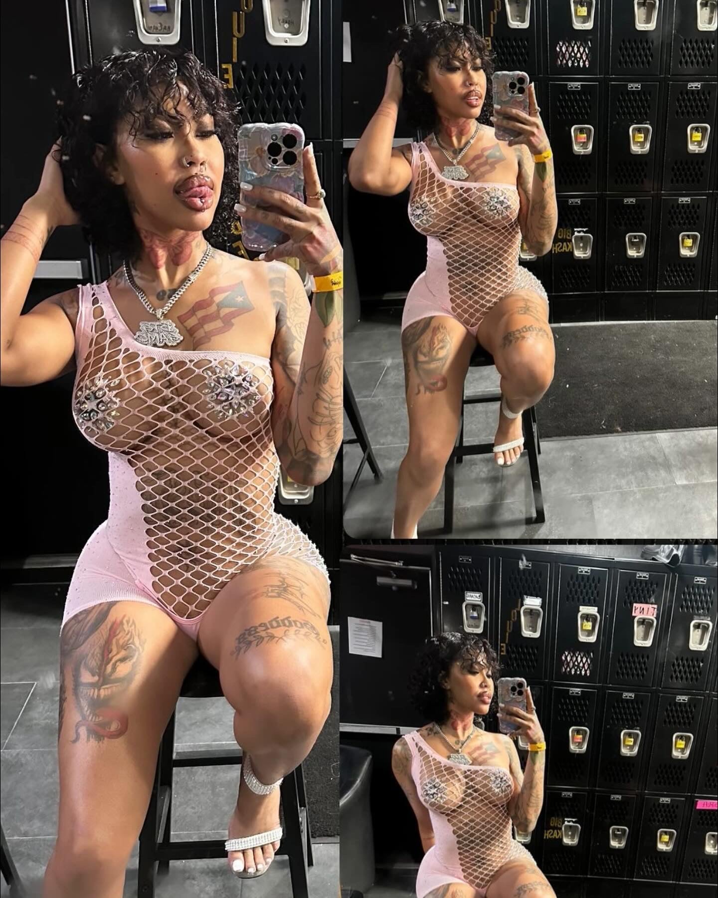 Holiday Bedazzled Romper Asymmetrical Fishnet Fits XS-L