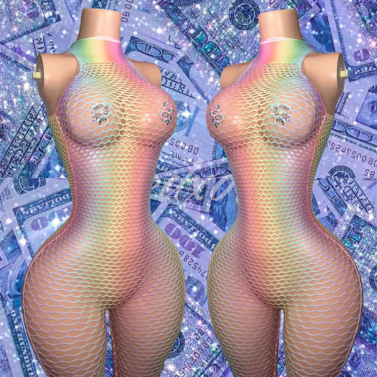 Karemé Multicolor Fishnet Romper Fits XS-M, Dress Fits All Sizes