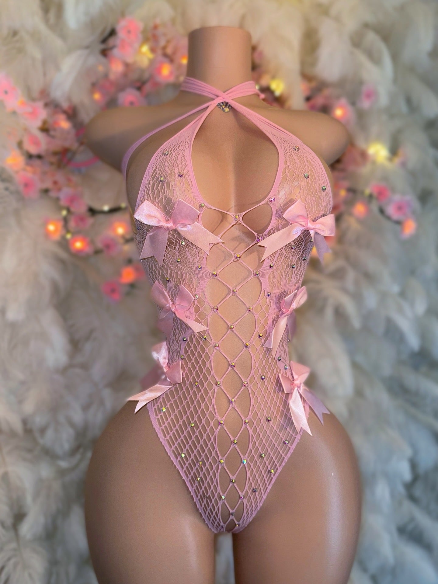 Sultry Vixen — One Piece with Baby Pink Bows and Rhinestones Fits XS-L