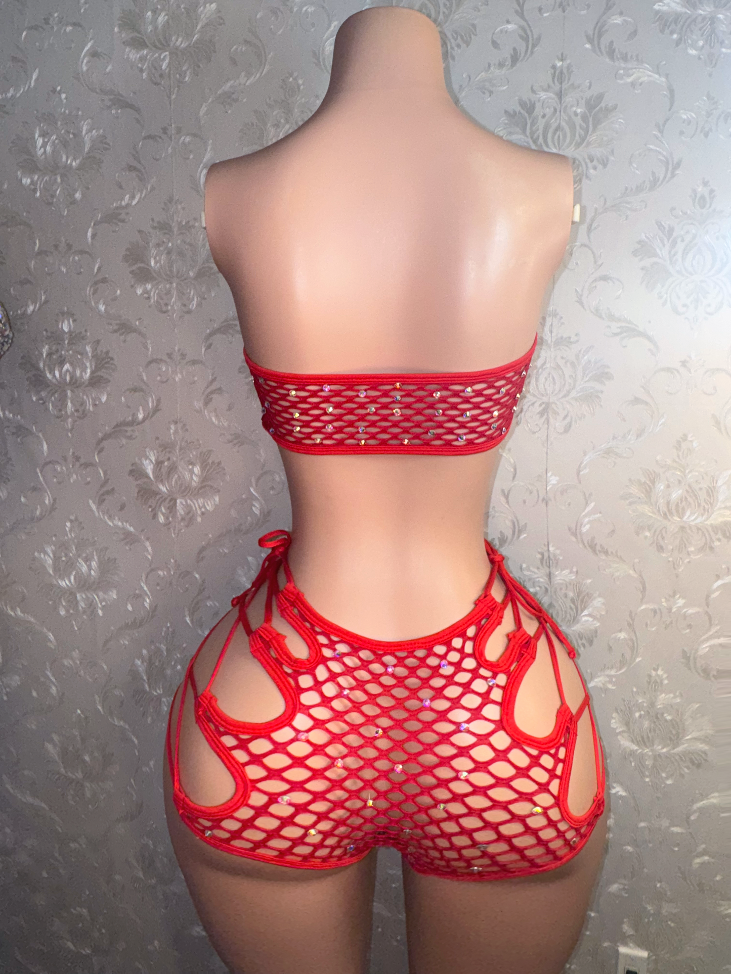 Bonnie — Net Bandeau and Side Tie Slits Shorts Set