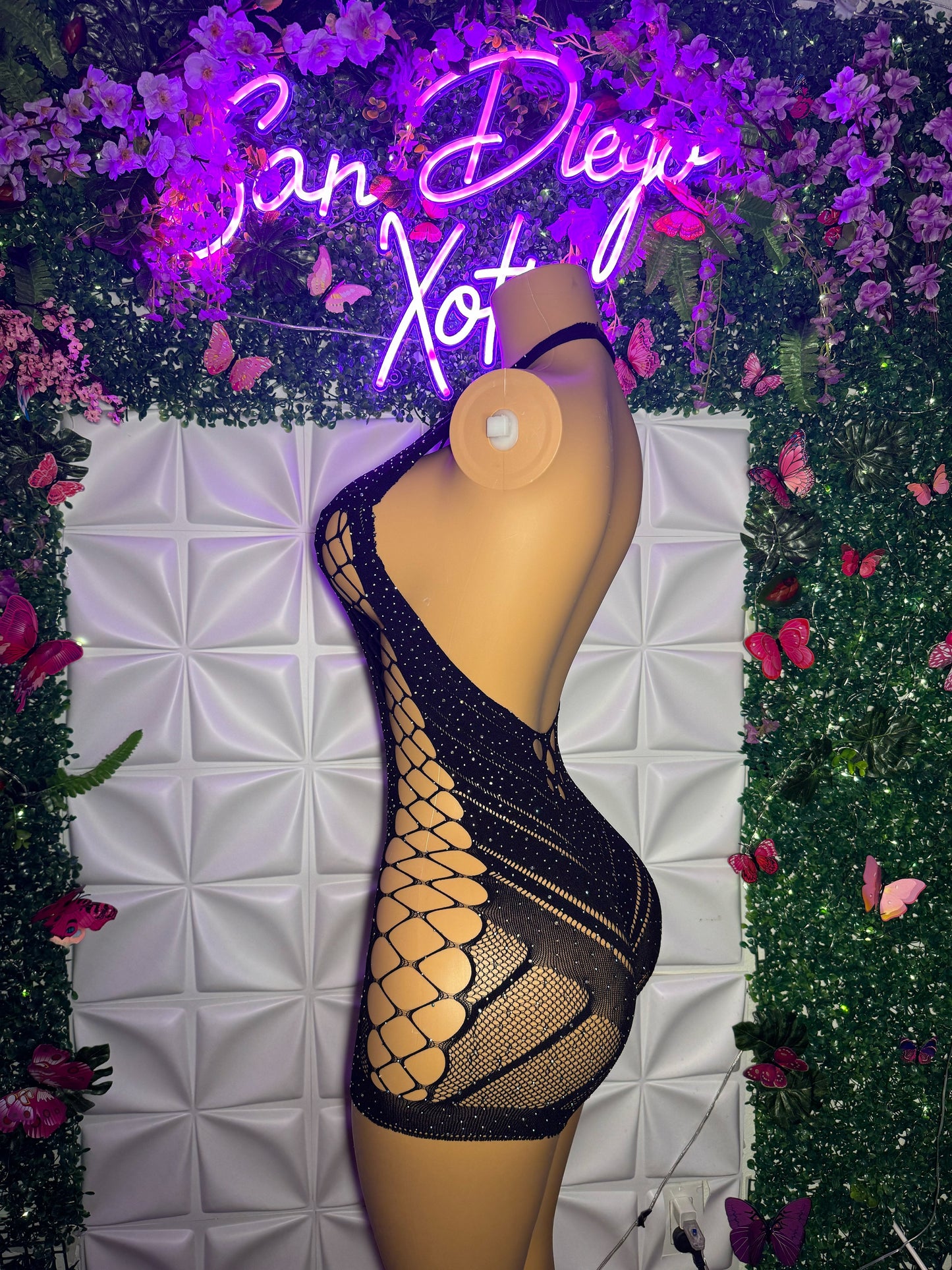 PLT Curvy Collection Glittery PLT Fishnet Romper Fits S-XXL