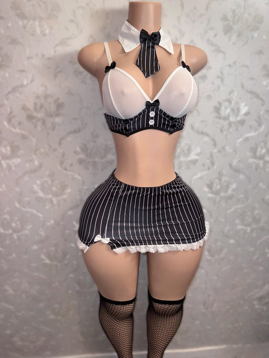 Wednesday School Girl Goth 5 Piece Skirt Set Includes Thong and Stockings