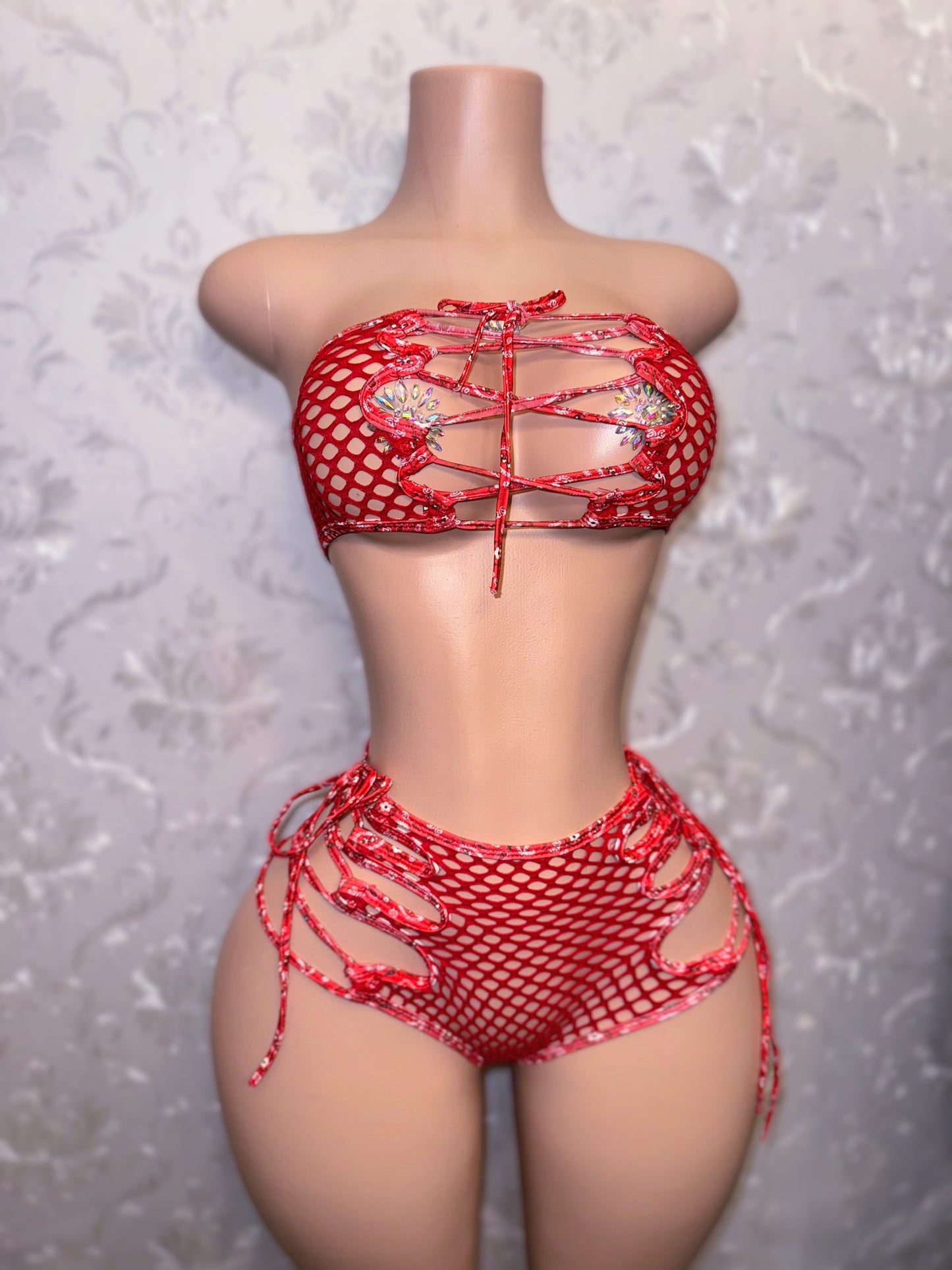 Bonnie Net Bandeau and Side Tie Slits Shorts Set