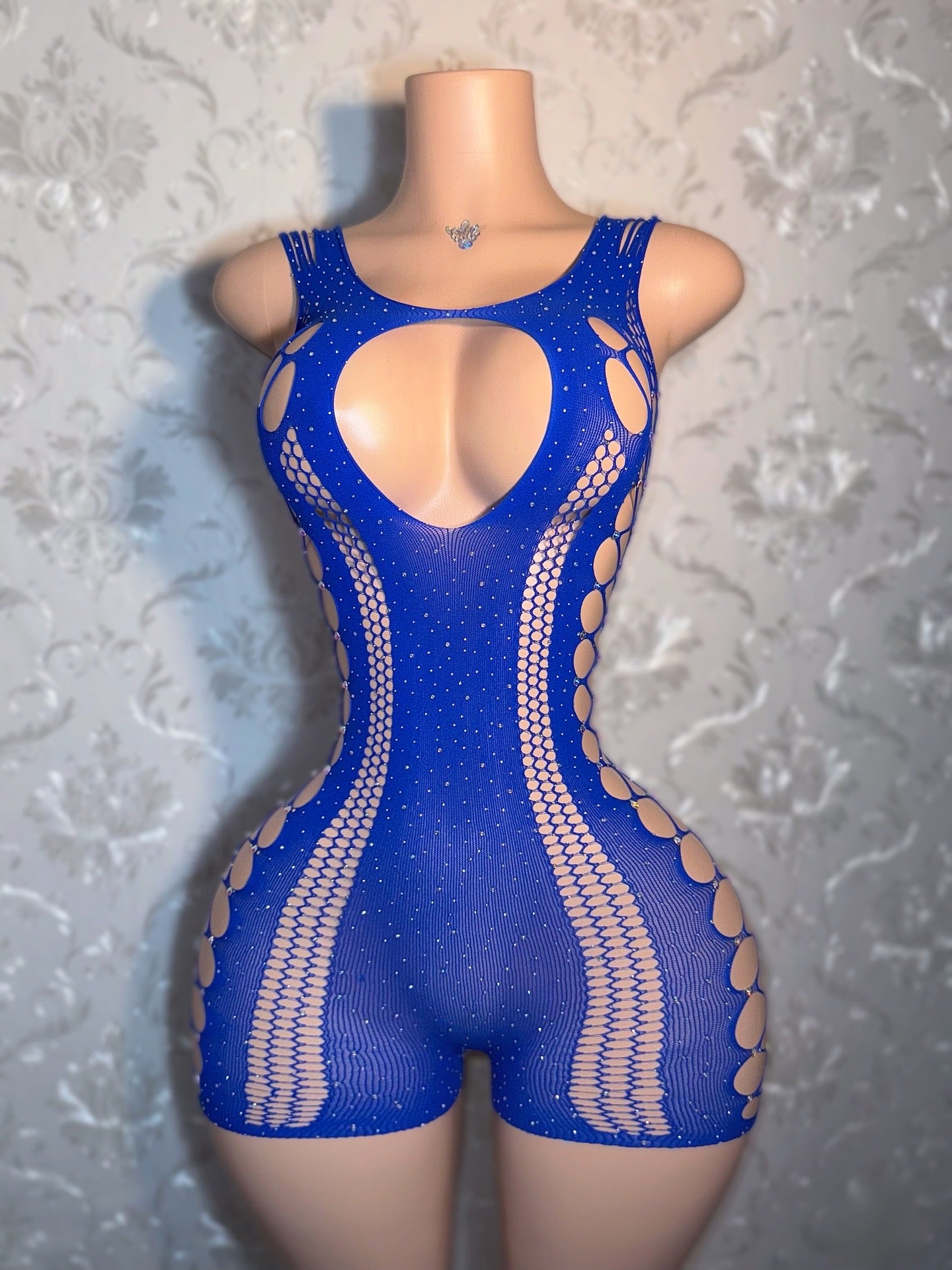 Tracie — Bedazzled Crop Tee Romper Baby Tee Fishnet Romper Fits XS-XL