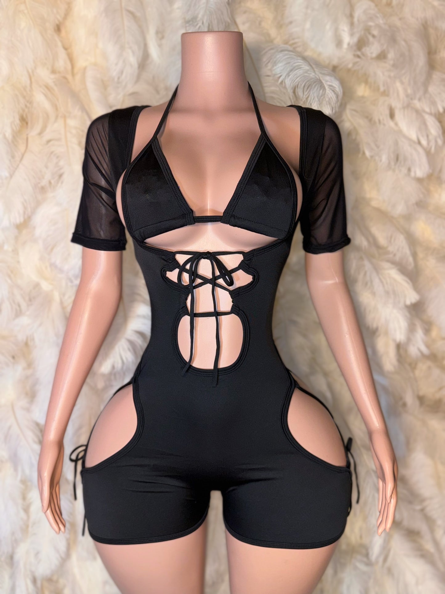 Bartender — Bottle Girl Set Short Sleeve Cut Out Romper With Bikini Top