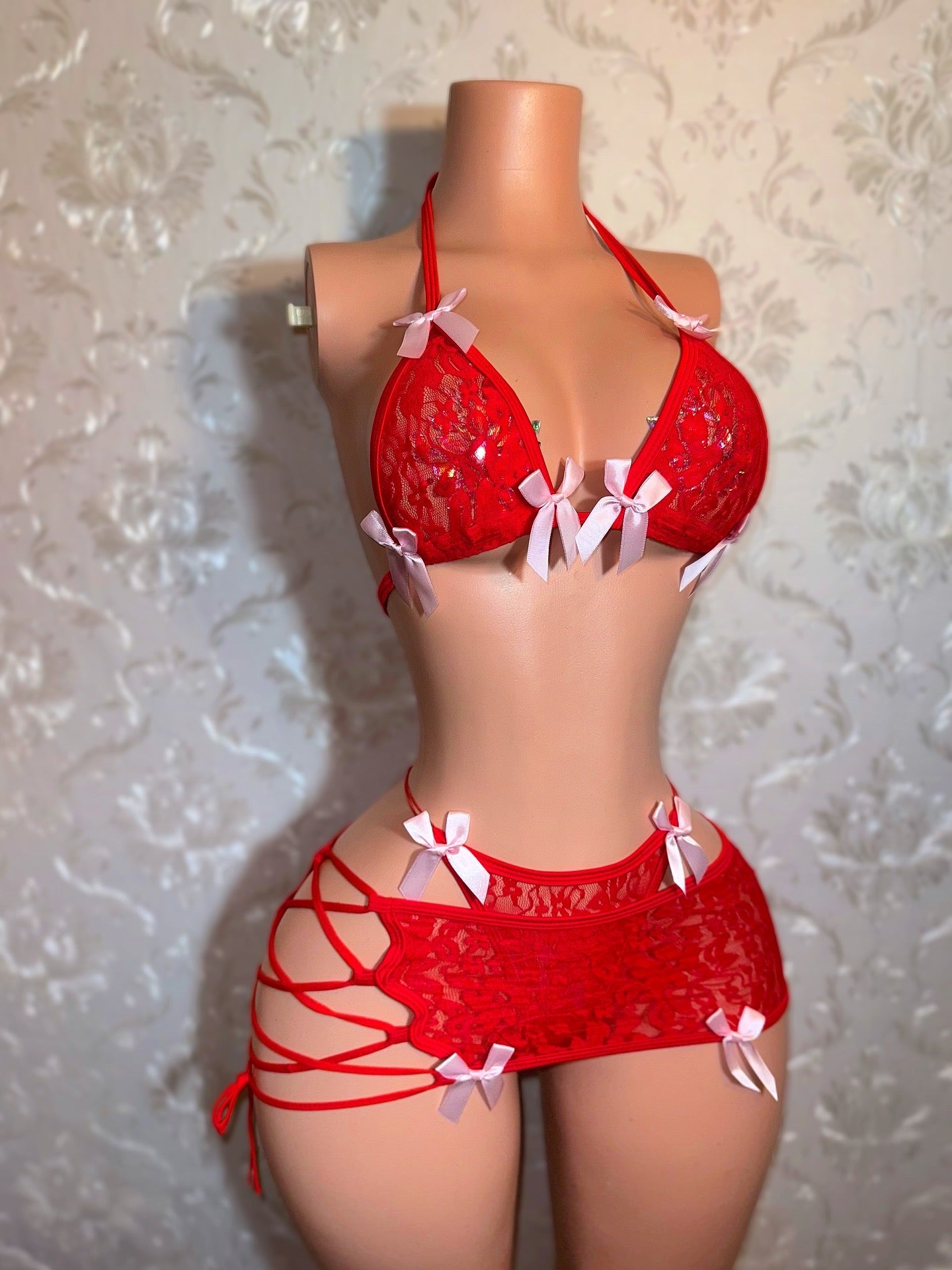Cherry — Red 3 Piece Lace Skirt Set with Baby Pink Bows Fits XS-M