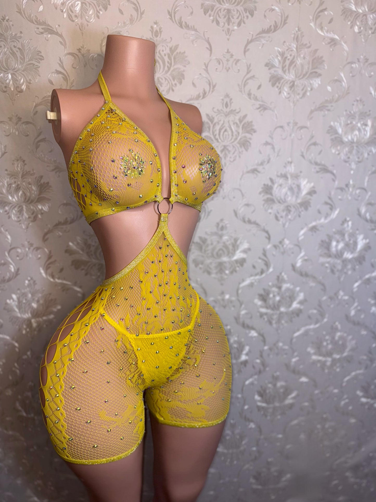 Ice Spice — Hot Pink Lace Fishnet Romper with Thong