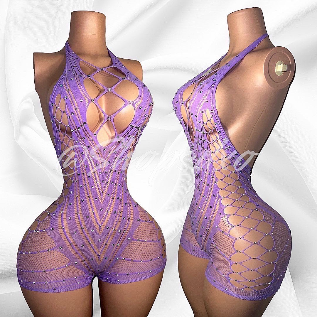 PLT Original Halter Fishnet Romper with Rhinestones Fits XS-XL