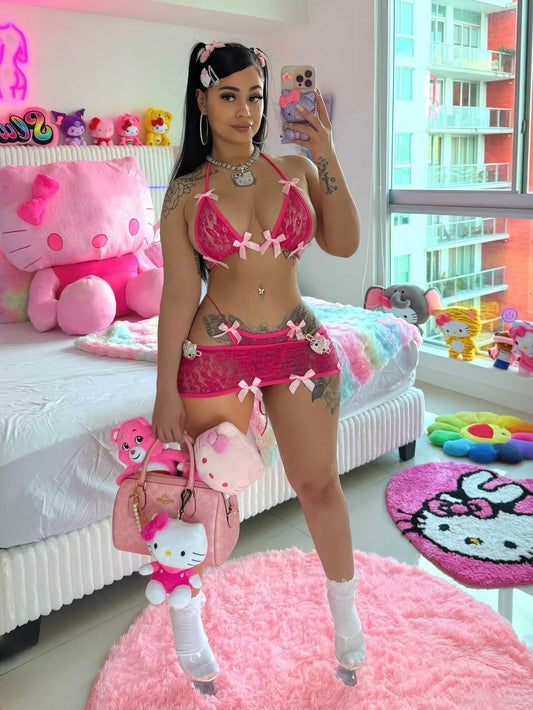 Kawaii Pink 3 Piece Floral Lace Skirt Set Fits XS-M