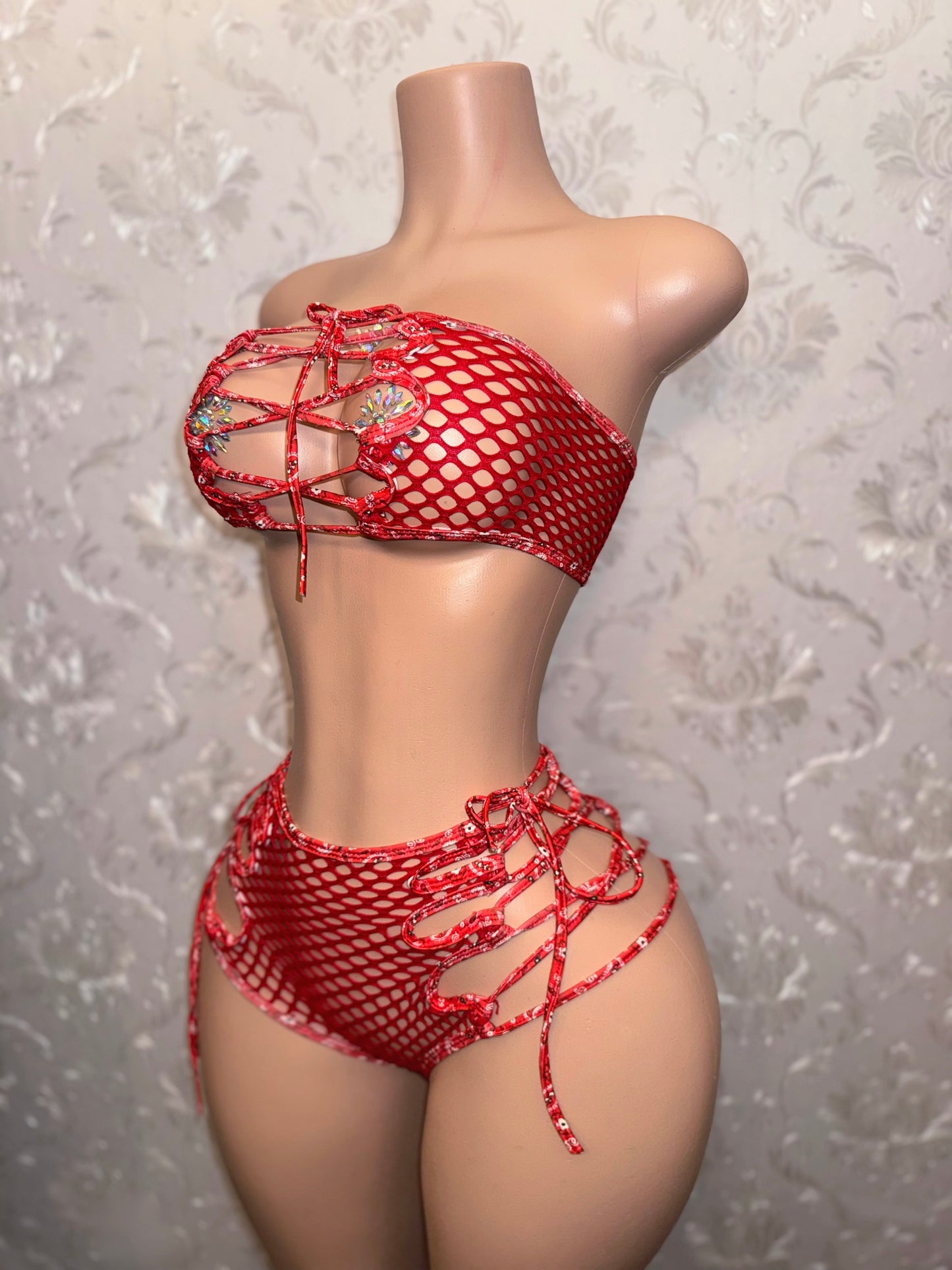 Bonnie Net Bandeau and Side Tie Slits Shorts Set