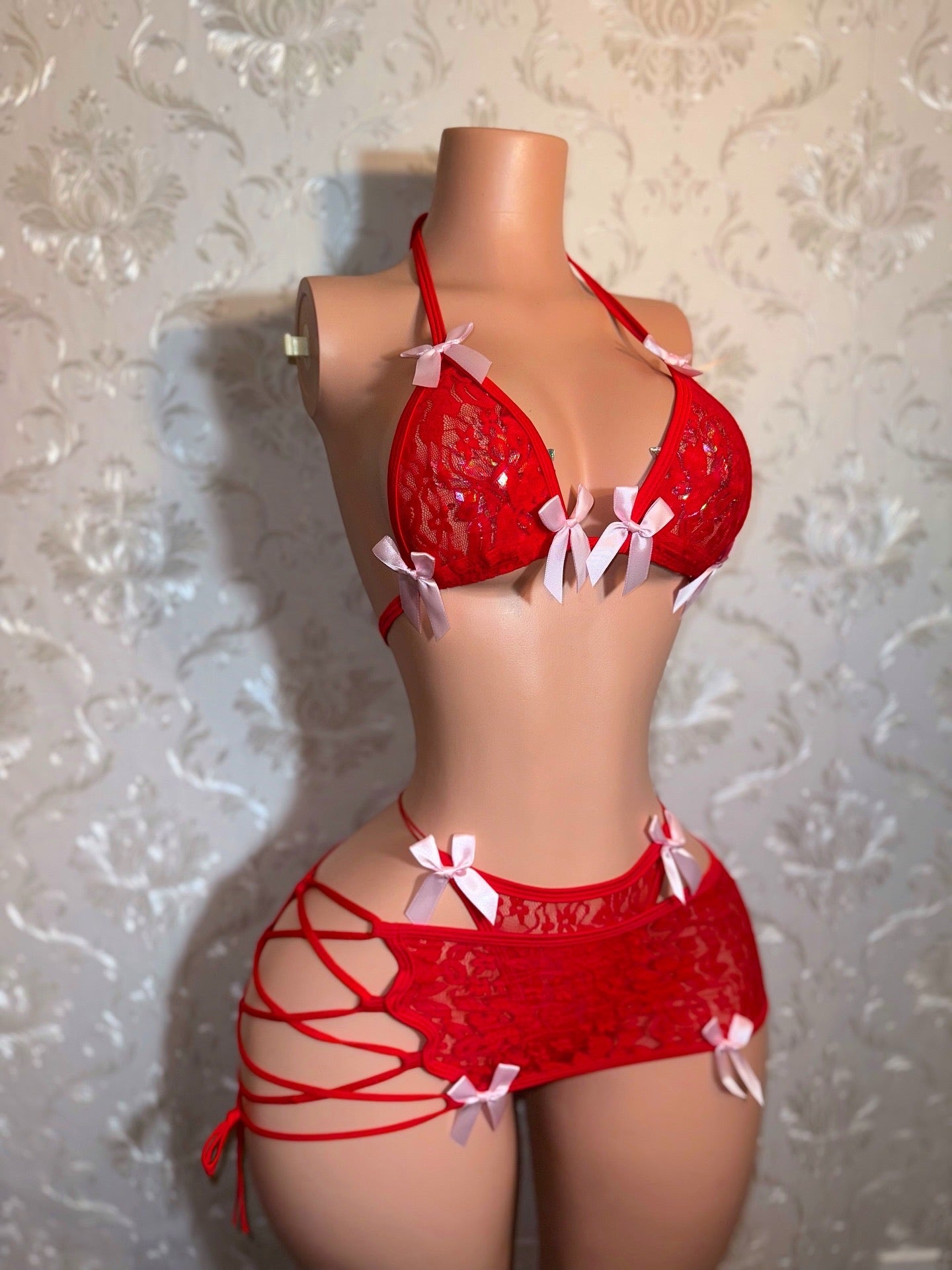 Cherry — Red 3 Piece Lace Skirt Set with Baby Pink Bows Fits XS-M