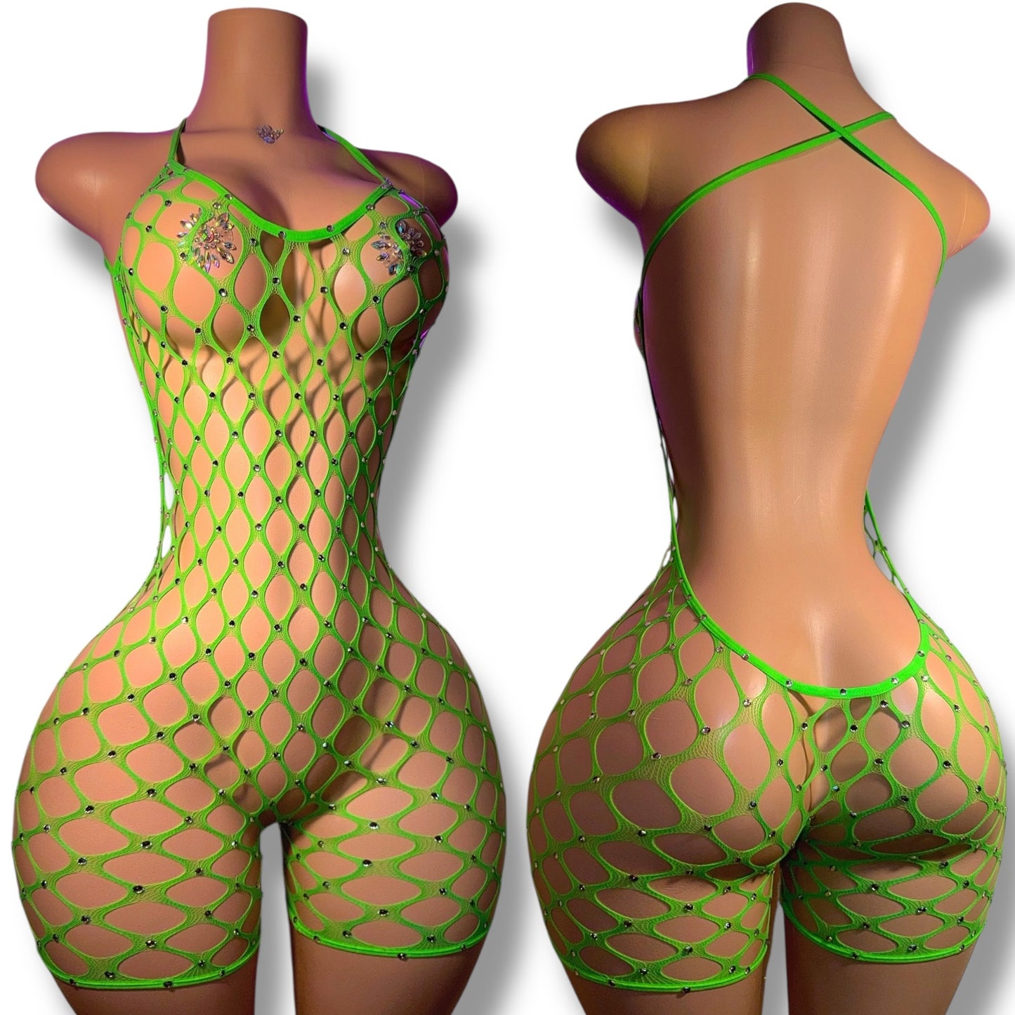 Apple Bottom — Full Coverage Rhinestones Fishnet Romper Fits XS-M
