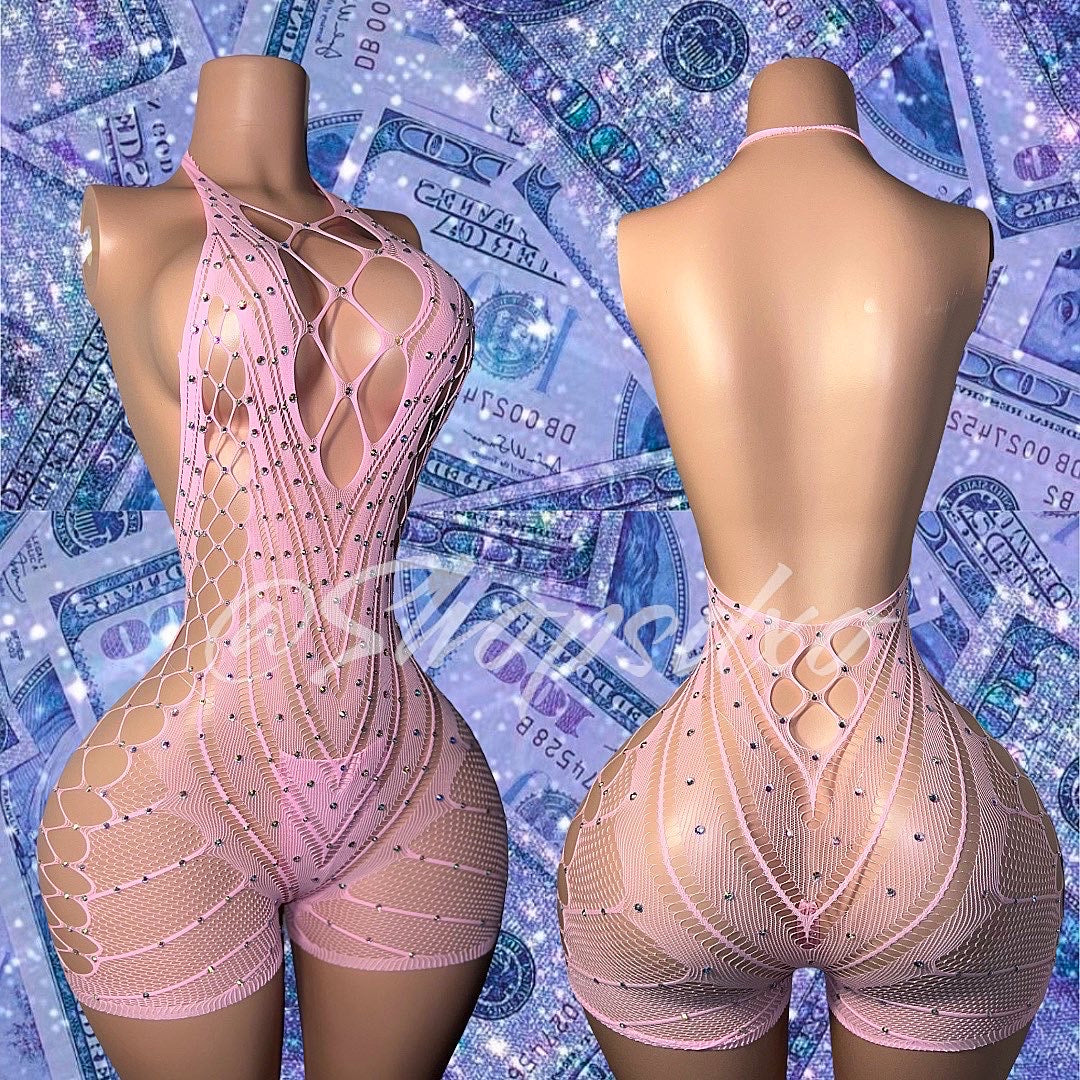 PLT Original Halter Fishnet Romper with Rhinestones Fits XS-XL