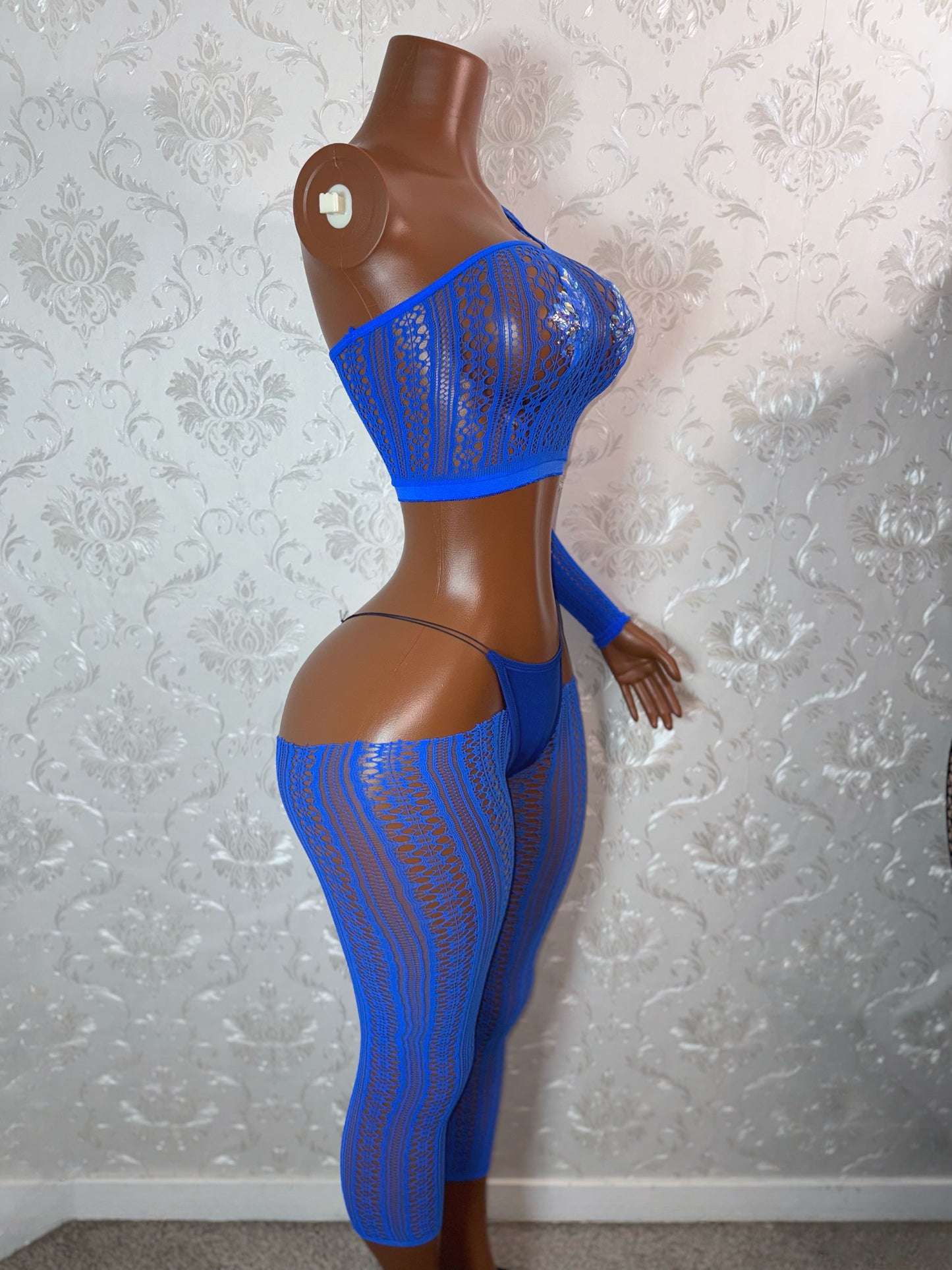 Leila Mandala Lace Fishnet Cut Off Pants Set Optional Thong Fits XS-L