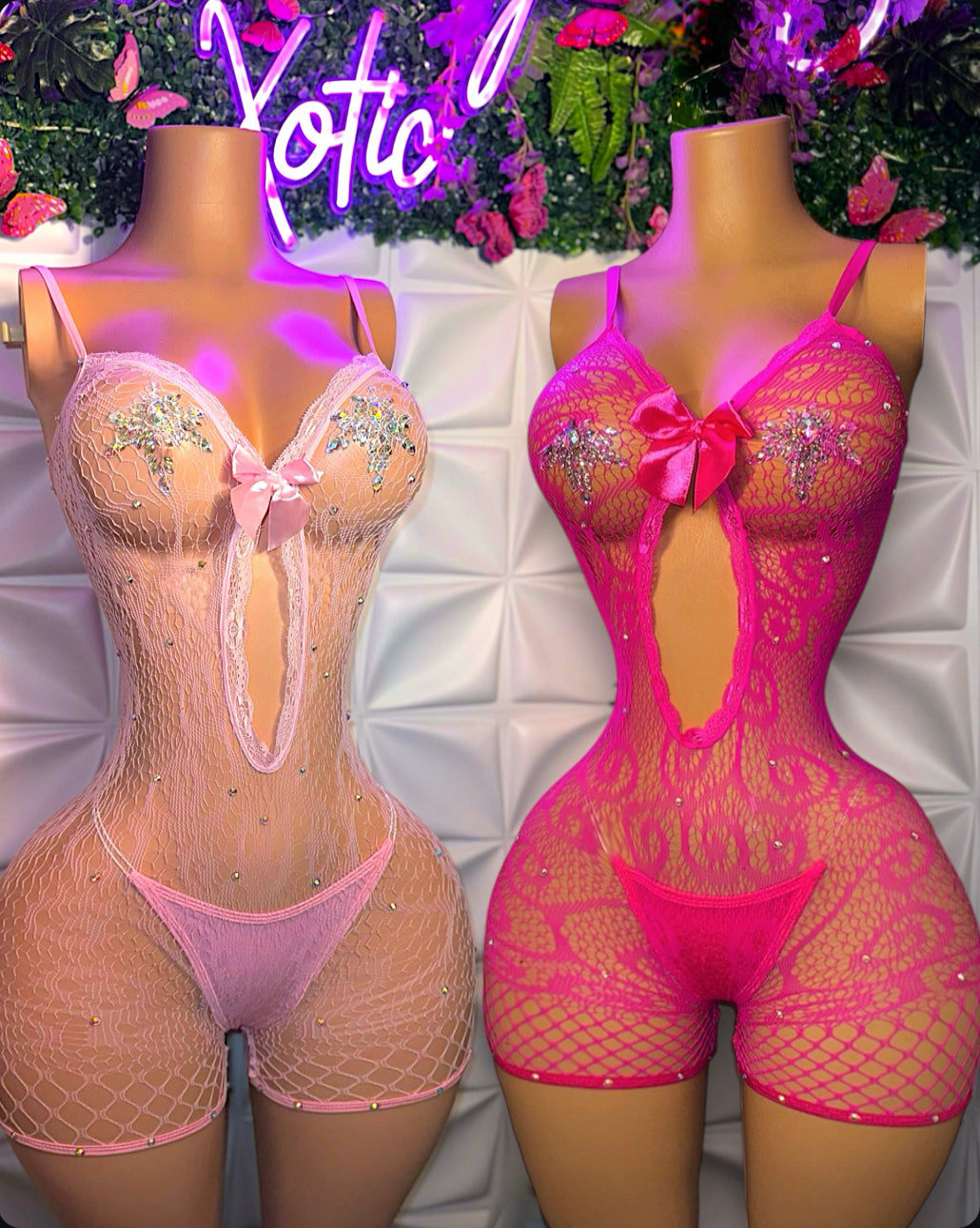 Babydoll Diamond Lace Fishnet Romper with Rhinestones Fits XS-L