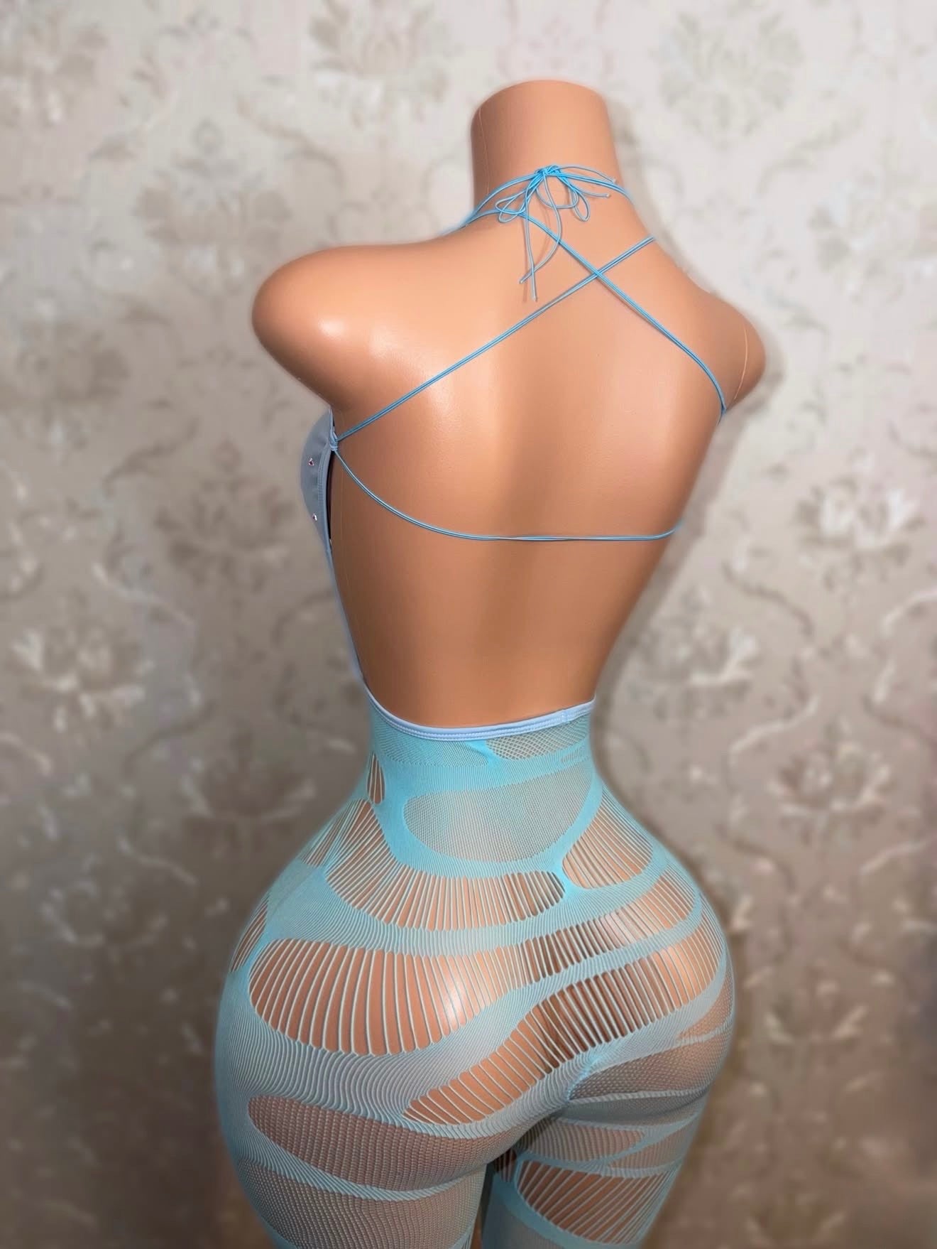 Skai Rhinestone Capri Fishnet Jumpsuit Fits S-M