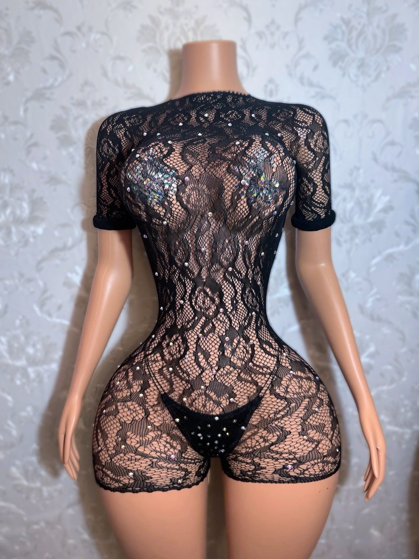 Suriyah Pre-Rolled Sleeve Fishnet Romper Fits XS-M