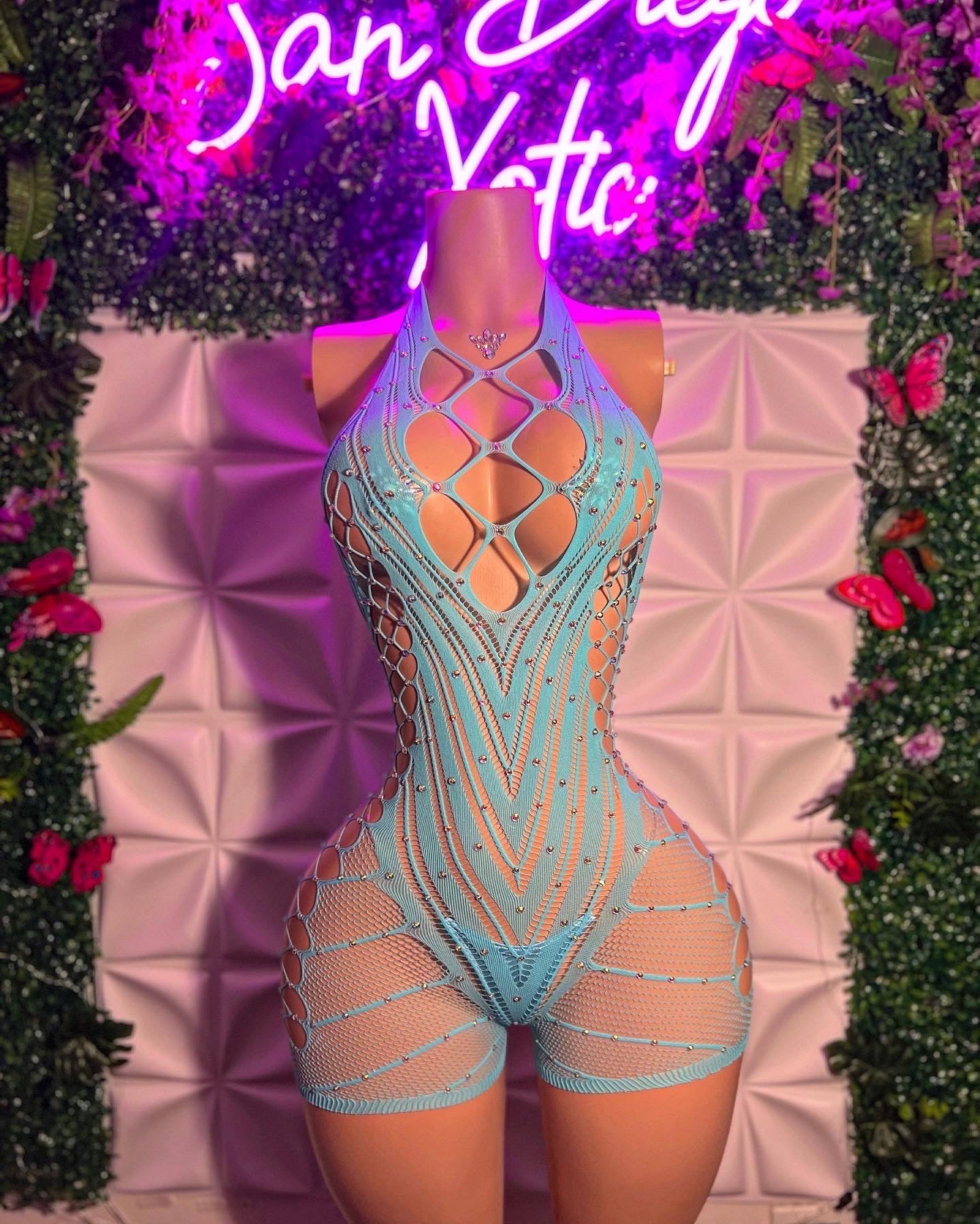 PLT Original Halter Fishnet Romper with Rhinestones Fits XS-XL