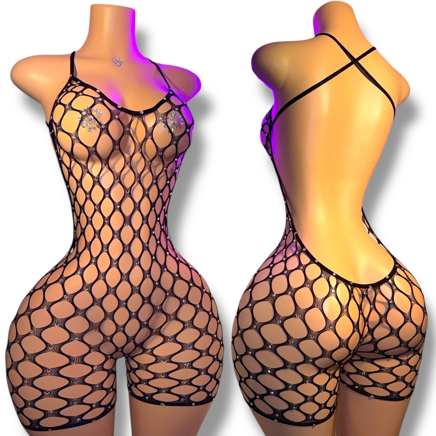 Apple Bottom — Full Coverage Rhinestones Fishnet Romper Fits XS-M