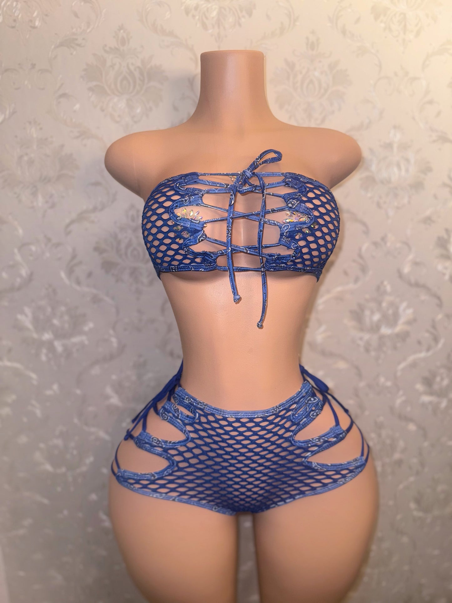 Blueface Bonnie Shorts Set with Paisley String Top Fits XS-L
