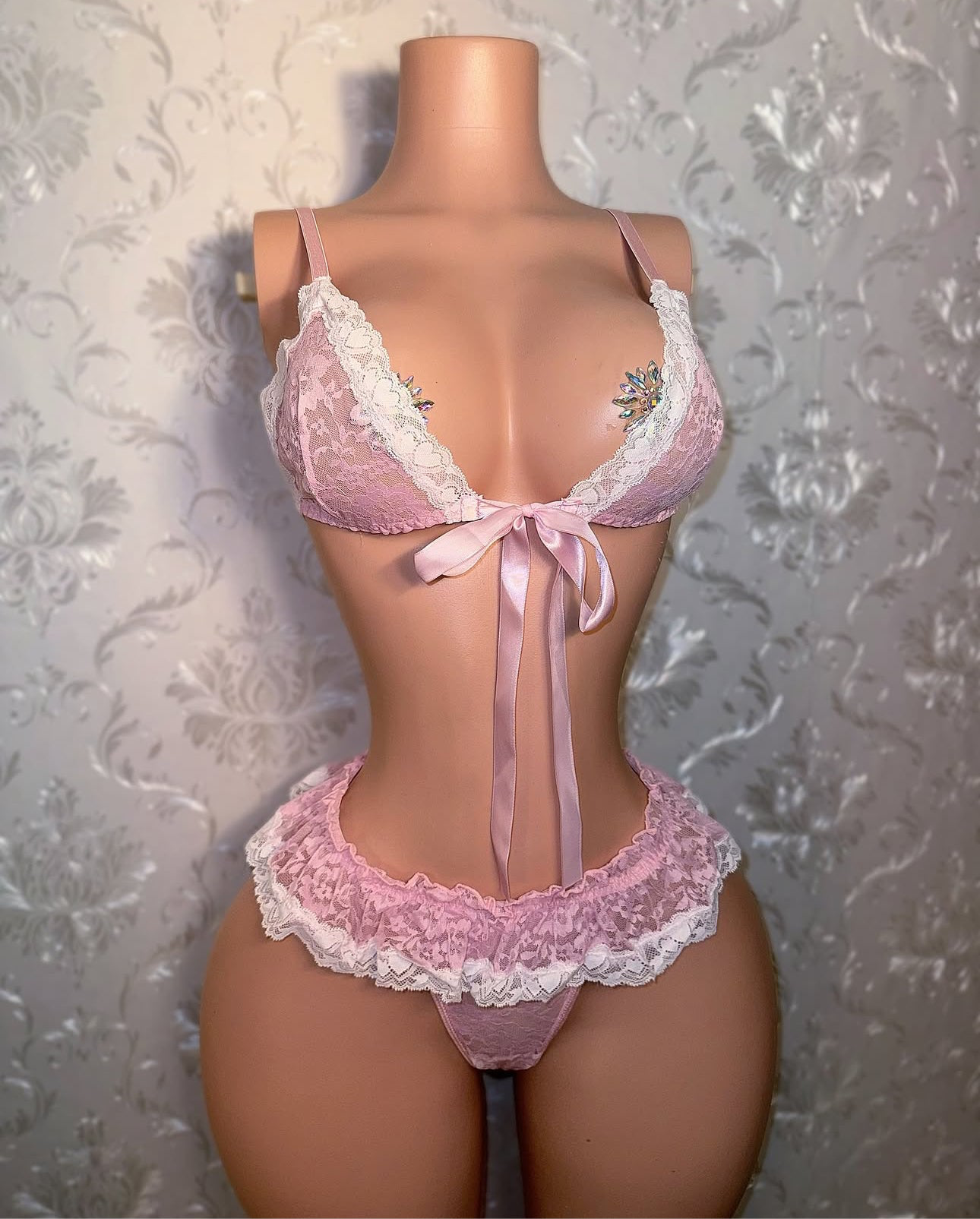 Sugar Baby Ruffle Trim 2 Piece Lace Bikini with Micro Skirt Thong