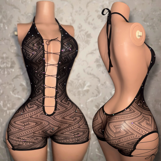 Queen Muva Rhinestone Tribal Fishnet Romper Fits XS-M