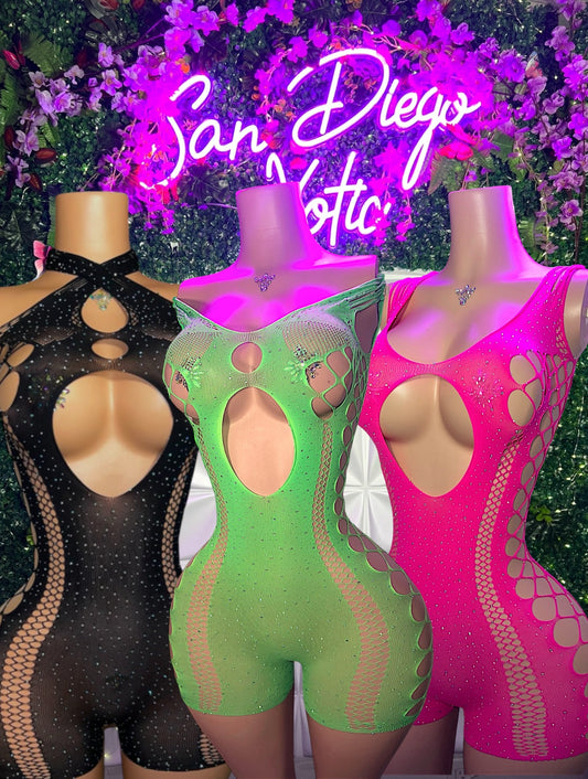 Tracie Bedazzled Crop Tee Romper Baby Tee Fishnet Romper Fits XS-XL