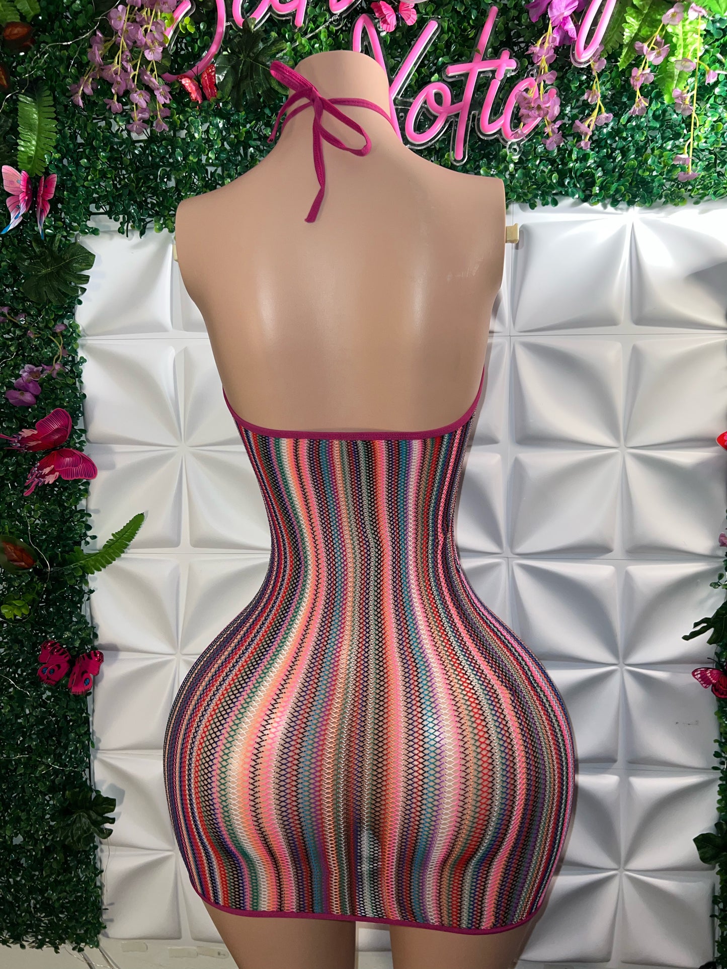Onika Multicolor Fishnet Romper with Rhinestones