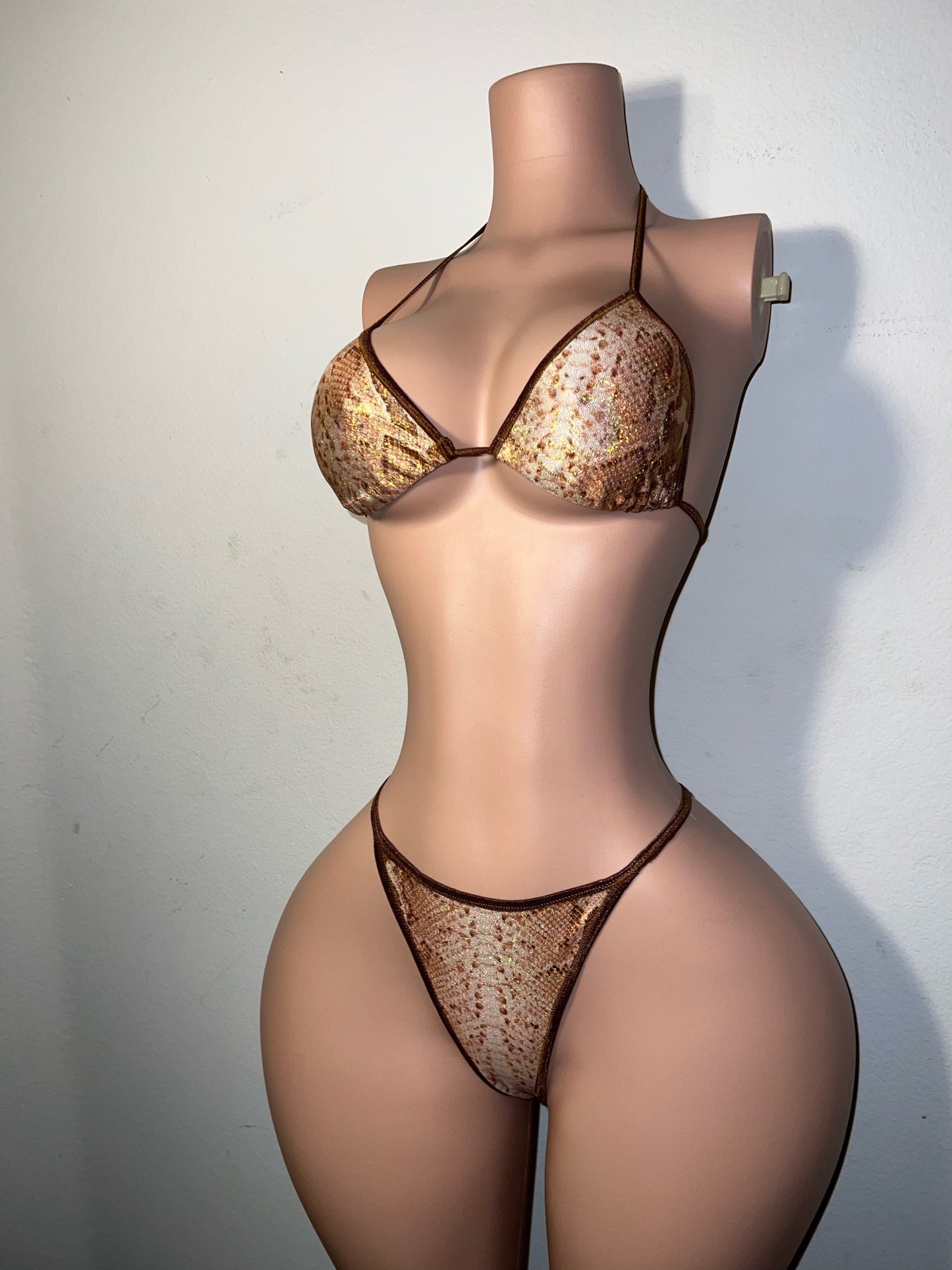 Better in Brown Champagne Gold Snakeskin Bikini with Stones