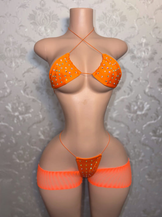 Martina 3 Piece Bikini and Cutoff Fishnet Shorts Set Fits S-XL