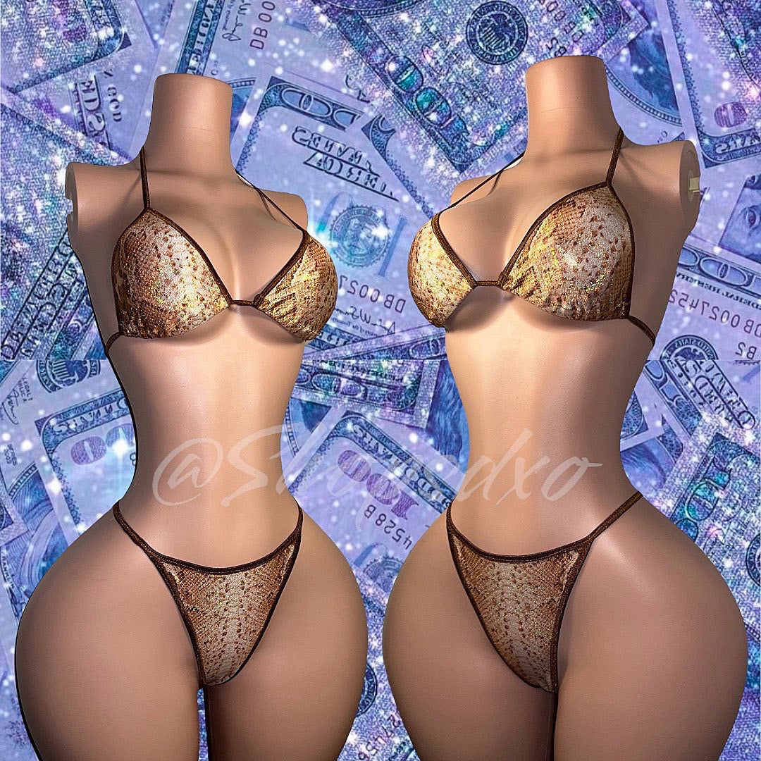Better in Brown Champagne Gold Snakeskin Bikini with Stones
