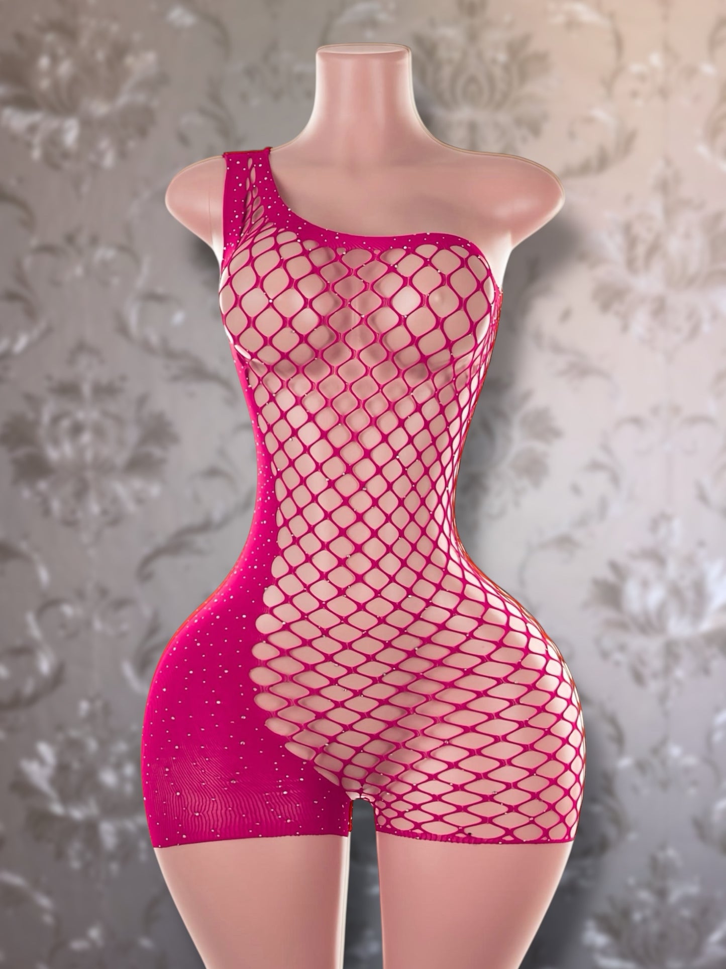 Holiday — Birthday Suit Bedazzled Romper Asymmetrical Fishnet Fits XS-L Optional Extra Stones