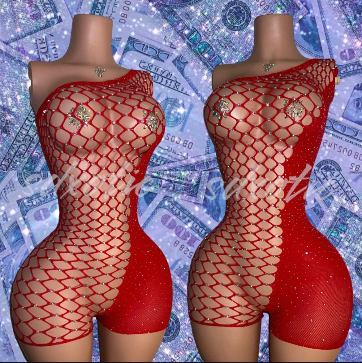 Holiday Bedazzled Romper Asymmetrical Fishnet Fits XS-L